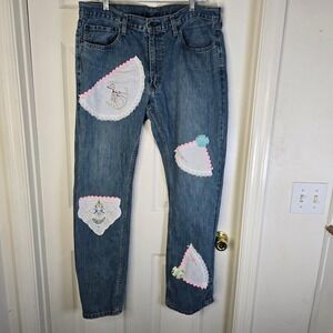 Levis 559 upcycled Jeans vintage linens,‎ embroidered lady Womens 36 x 34